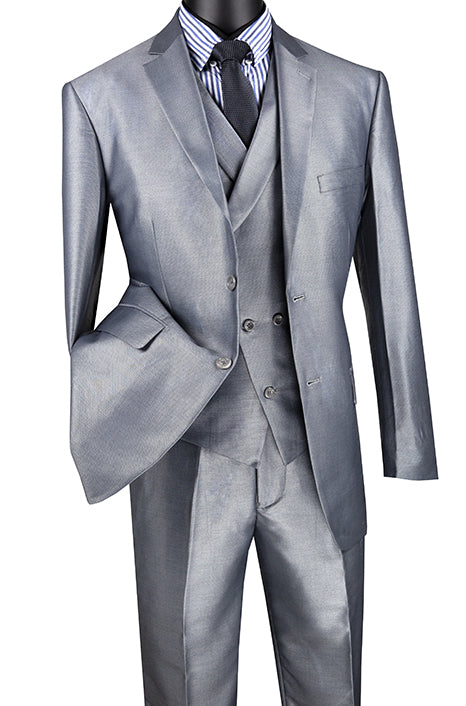 Gray Modern Fit Shiny Sharkskin 2 Button 3 Piece Suit