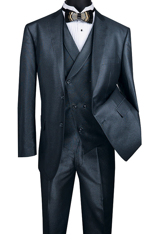 Midnight Blue Modern Fit Shiny Sharkskin 2 Button 3 Piece Suit