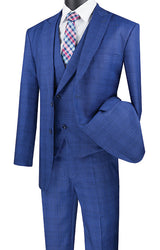 Blue Modern Fit Glen Plaid 2 Button Peak Lapel 3 Piece Suit