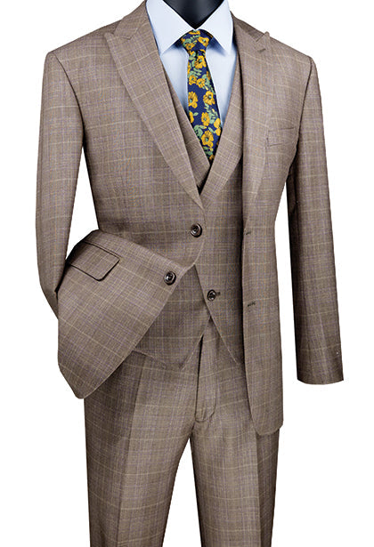 (42L) Tan Modern Fit Glen Plaid 2 Button Peak Lapel 3 Piece Suit