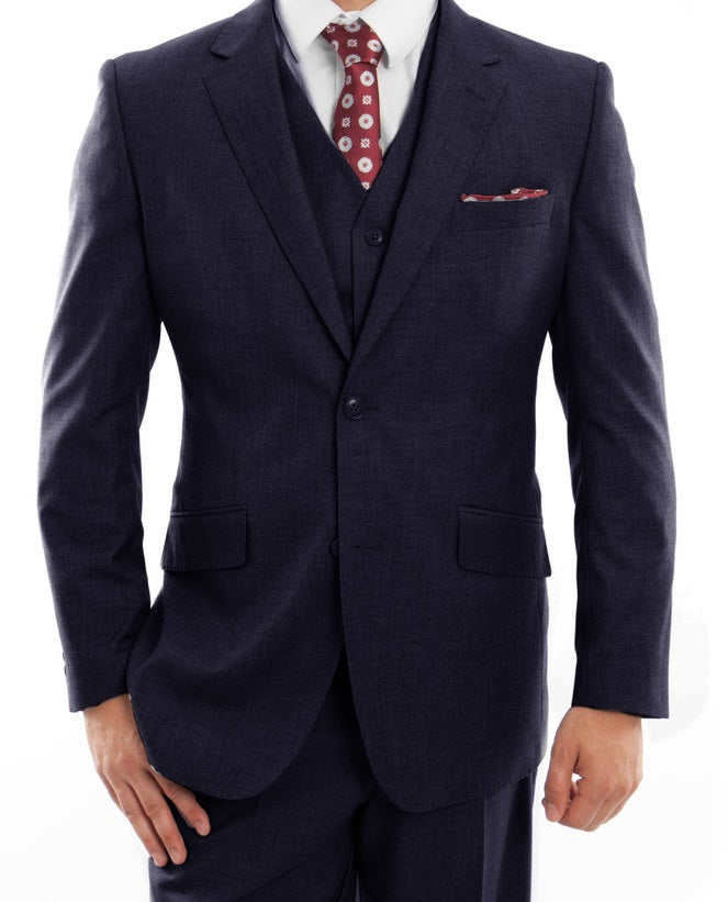 Arezzo Collection - 100% Wool Suit Modern Fit Italian Style 3 Piece in Navy