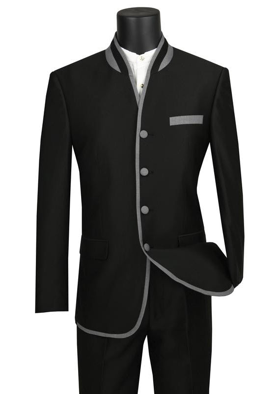 Oriental Collection - Banded Collar Slim Fit Suit Shiny Sharkskin 2 Piece Black
