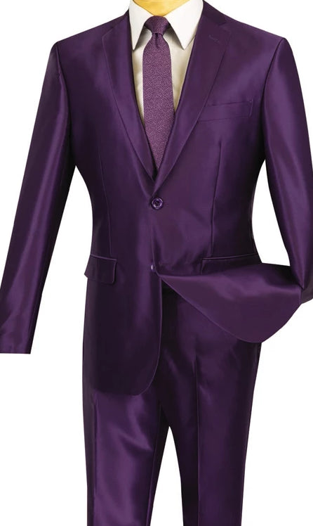 (44L) President Collection -  Purple Shiny Sharkskin 2 Piece 2 Button Slim Fit Suit
