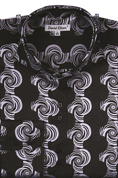 Men's Dress Shirt Regular Fit Designer Pattern In Black/Silver White L / Black/Silver White