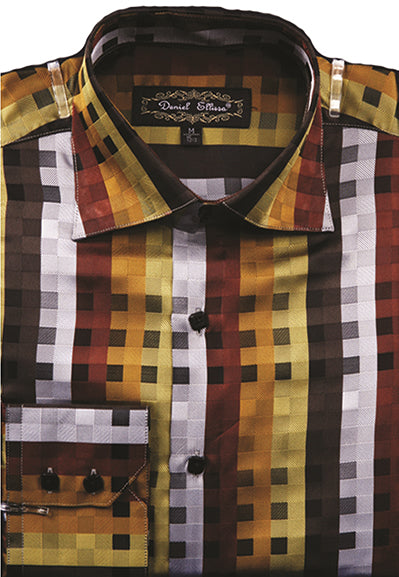 Dress Shirt Regular Fit Designer Check Pattern In Brown