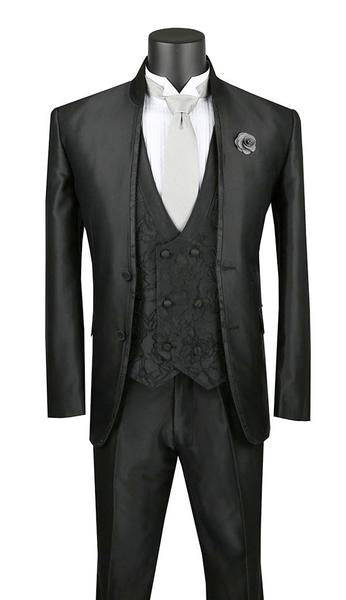 (46R) Bourbon Collection - Slim Fit 3 Piece Banded Collar Shiny Sharkskin Suit in Black