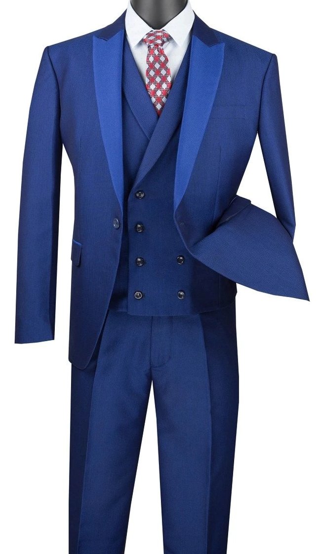 Blue Slim Fit 3 Piece Suit 1 Button with Double Breasted Vest