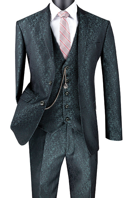 Slim Fit 3 Piece Suit Pine Green Floral Pattern Matching Vest and Pants