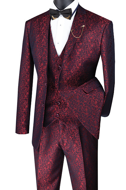 Slim Fit 3 Piece Suit Ruby Floral Pattern Matching Vest and Pants