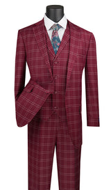 Manarola Collection - Regular Fit Glen Plaid Suit 3 Piece in Burgundy