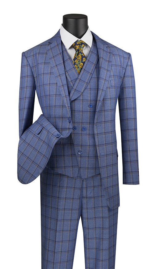 Atrani Collection - Regular Fit Windowpane Suit 3 Piece in Blue