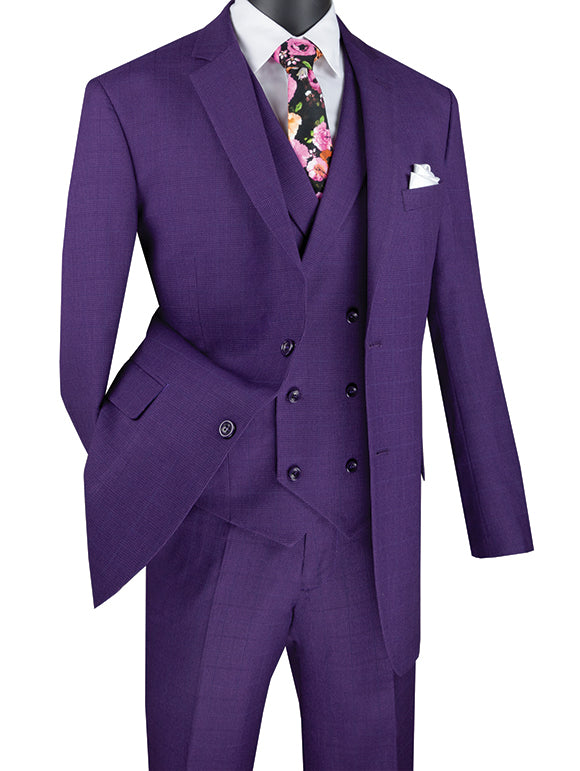 Venetian Collection - Purple Regular Fit Glen Plaid 2 Button 3 Piece Suit